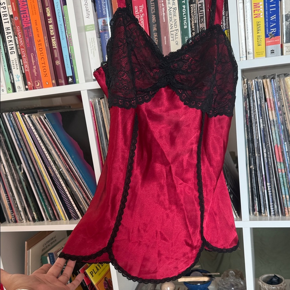 Vintage Red Satin Chemise with Black Lace